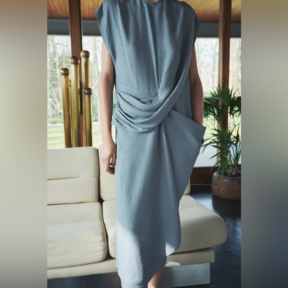 Zara Elegant Draped Duck Blue Linen Blend Dress- New with Tags - Picture 3 of 8